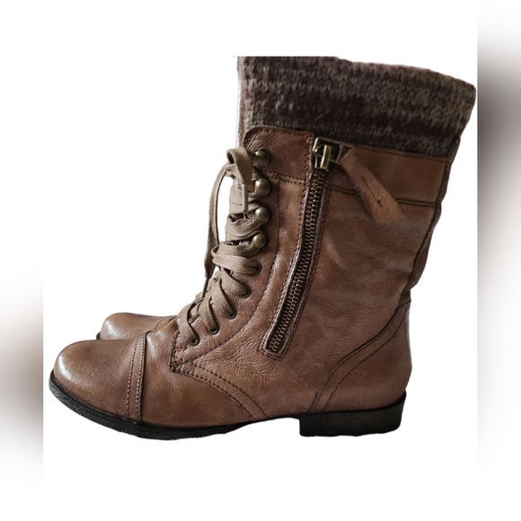 STEVE MADDON JENNYYY BROWN LEATHER COMBAT BOOTS LACE UP & ZIPPER TEXTILE LINING - Picture 4 of 15